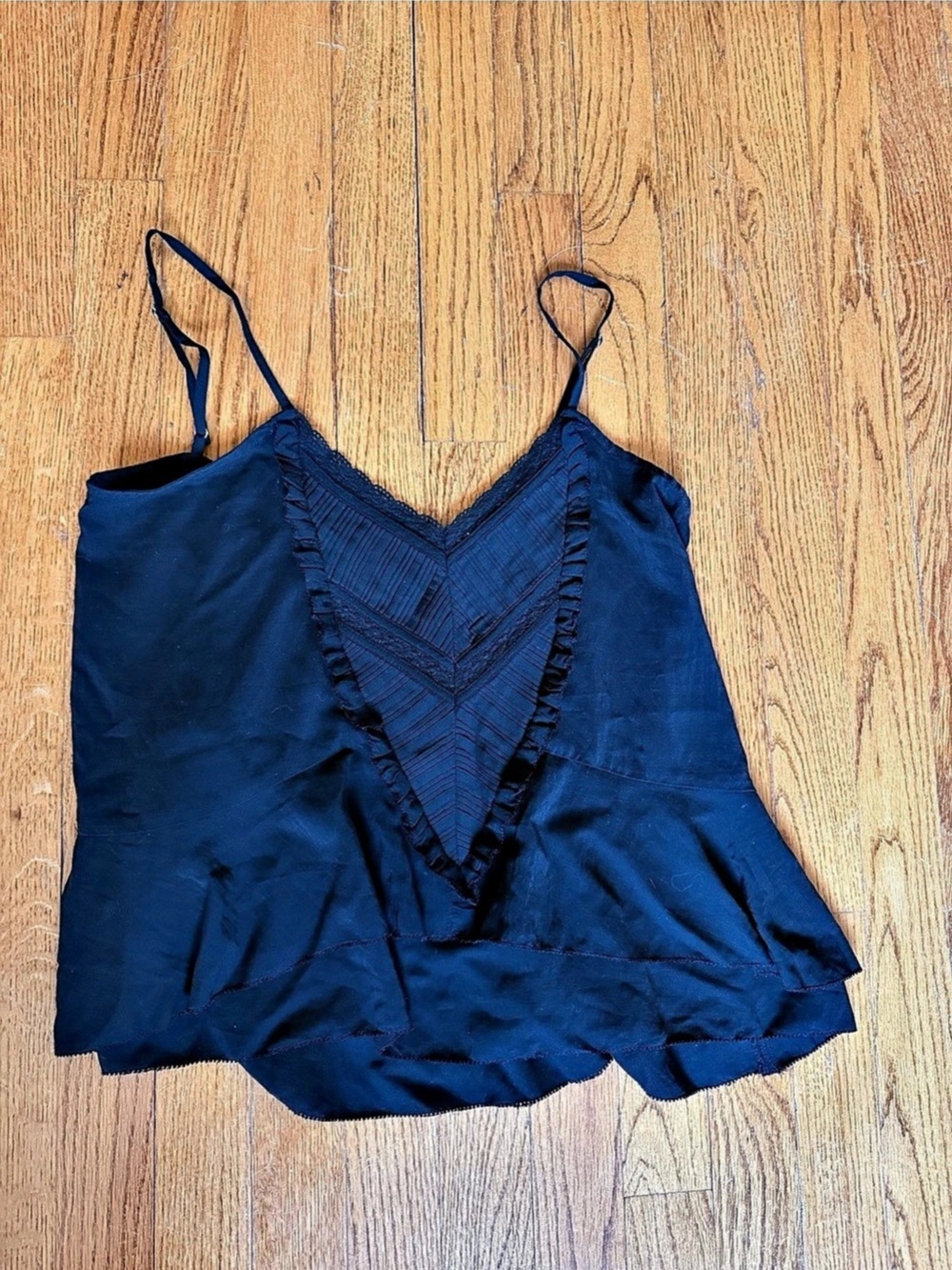 Lovestitch Black Pleated Lace Camisole Top Size Small Adjustable Straps Boho